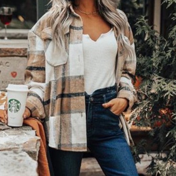 Khaki plaid oversized plaid flannel shirt shachet jacket - Picture 3 of 8